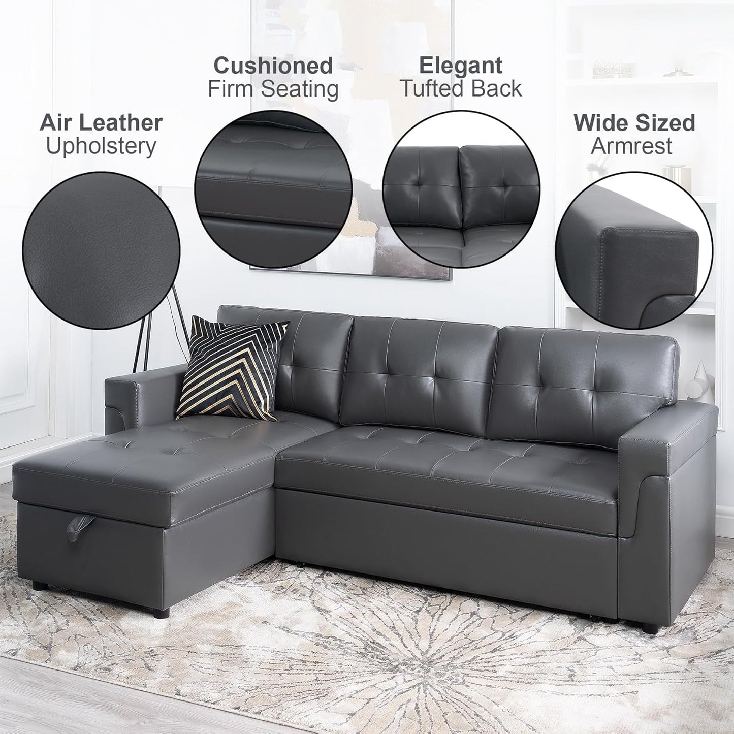 Sleeper Sectional Sofa With Convertible Bed In Dark Gray