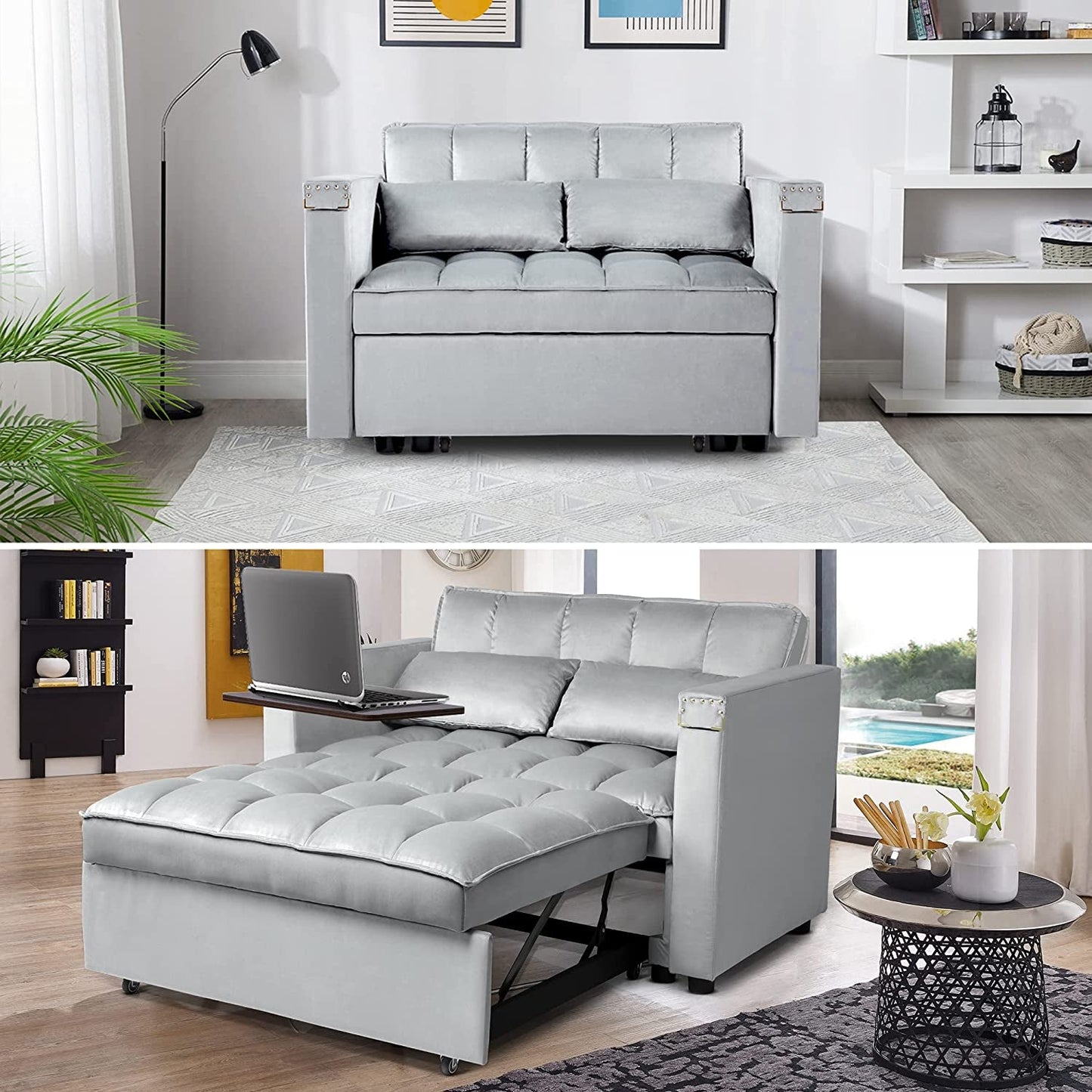 Sofa Bed With Hidden Table Velvet Fabric For Small Spaces