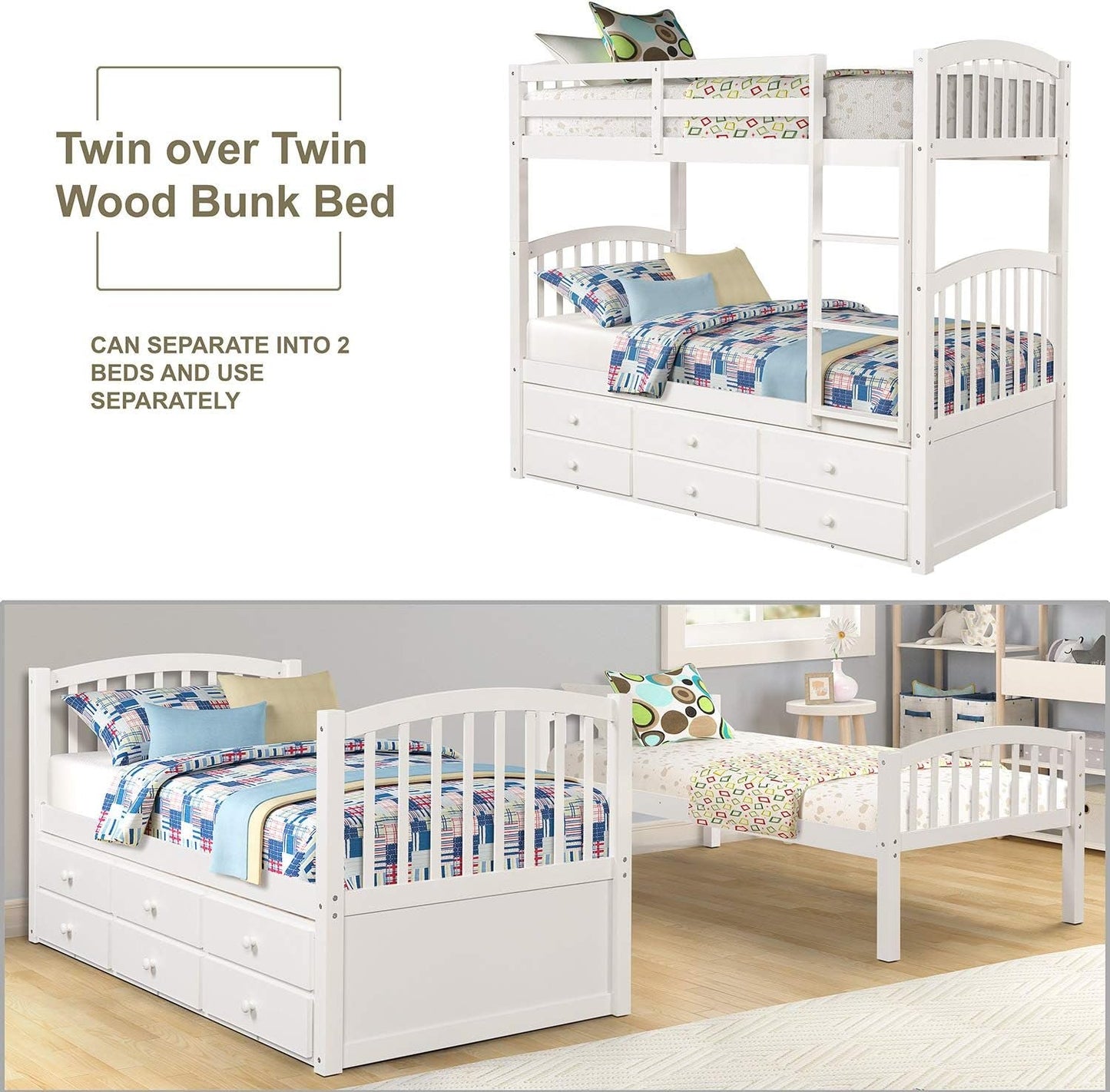 Twin Over Twin Bunk Bed With Trundle And Drawers White