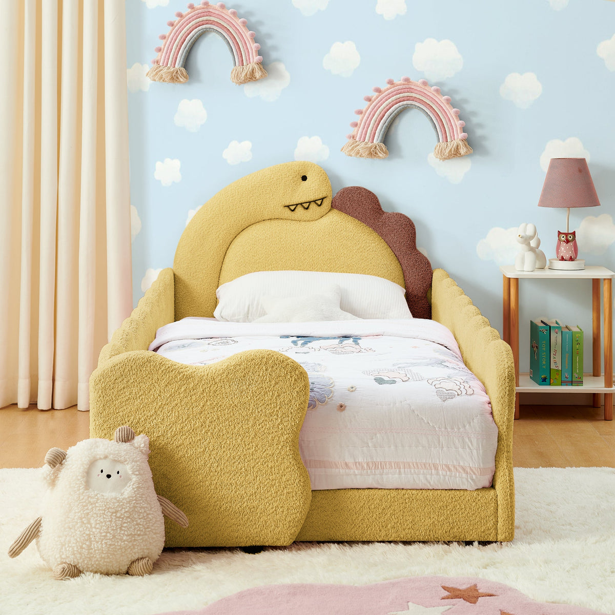 Twin Size Cute Dinosaur-Shaped Kids Bed with Safety Guardrail