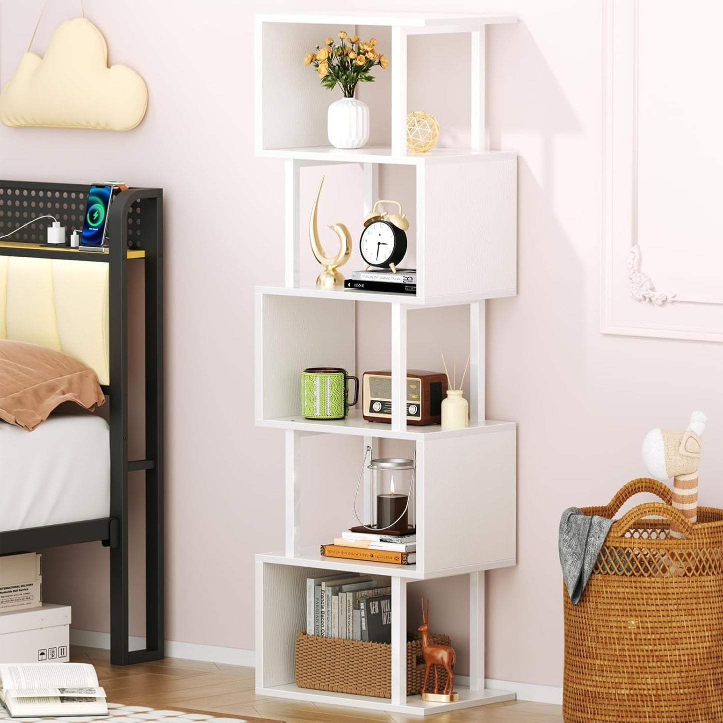 White Geometric S Shaped 6 Tier Bookshelf Freestanding Modern Bookcase