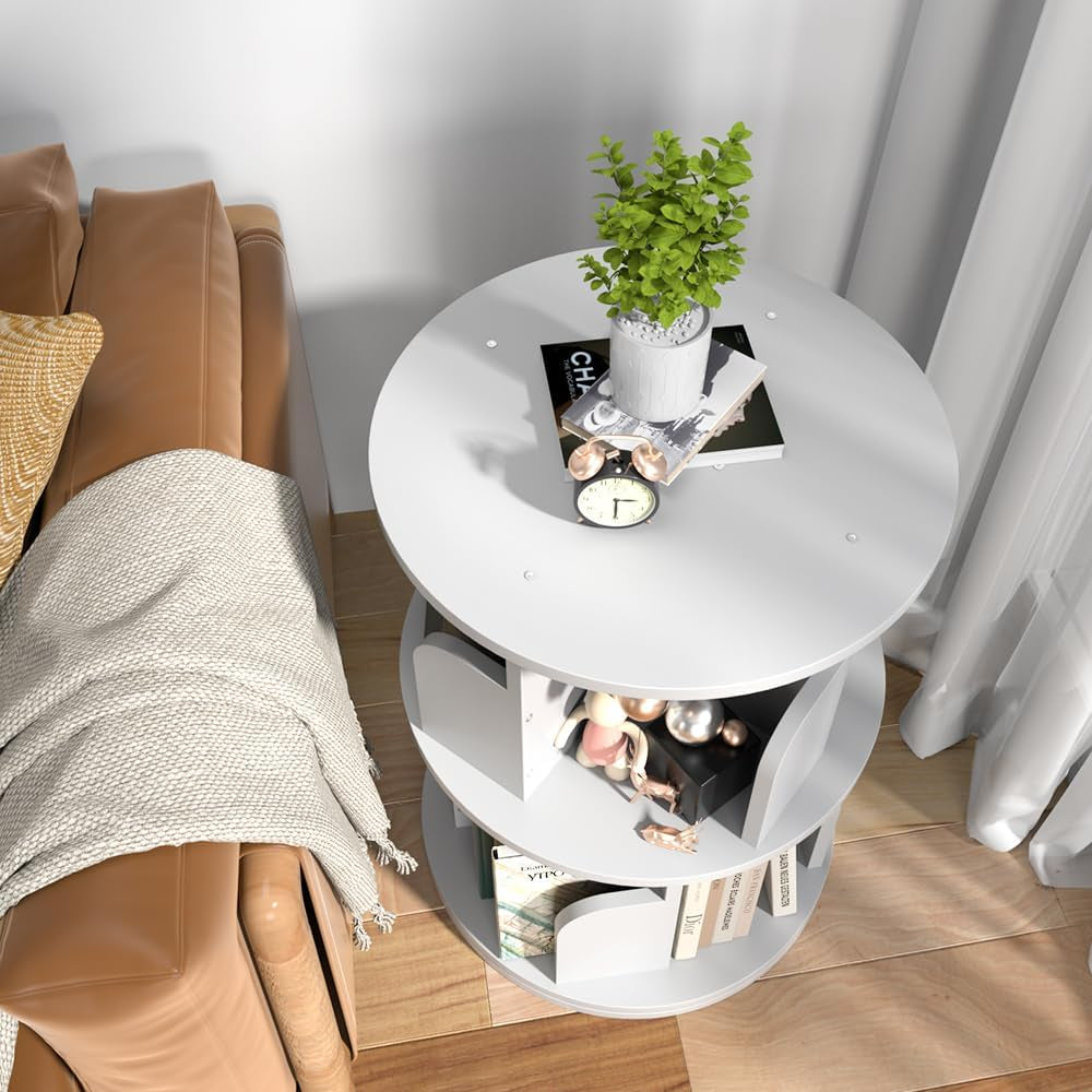 Rotating Bookshelf 2 Tier White Narrow Corner Swivel