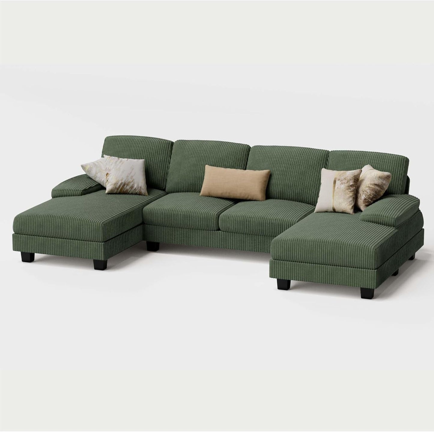 Dark Green Corduroy U Shaped Sectional Sofa 4 Seat Chaise