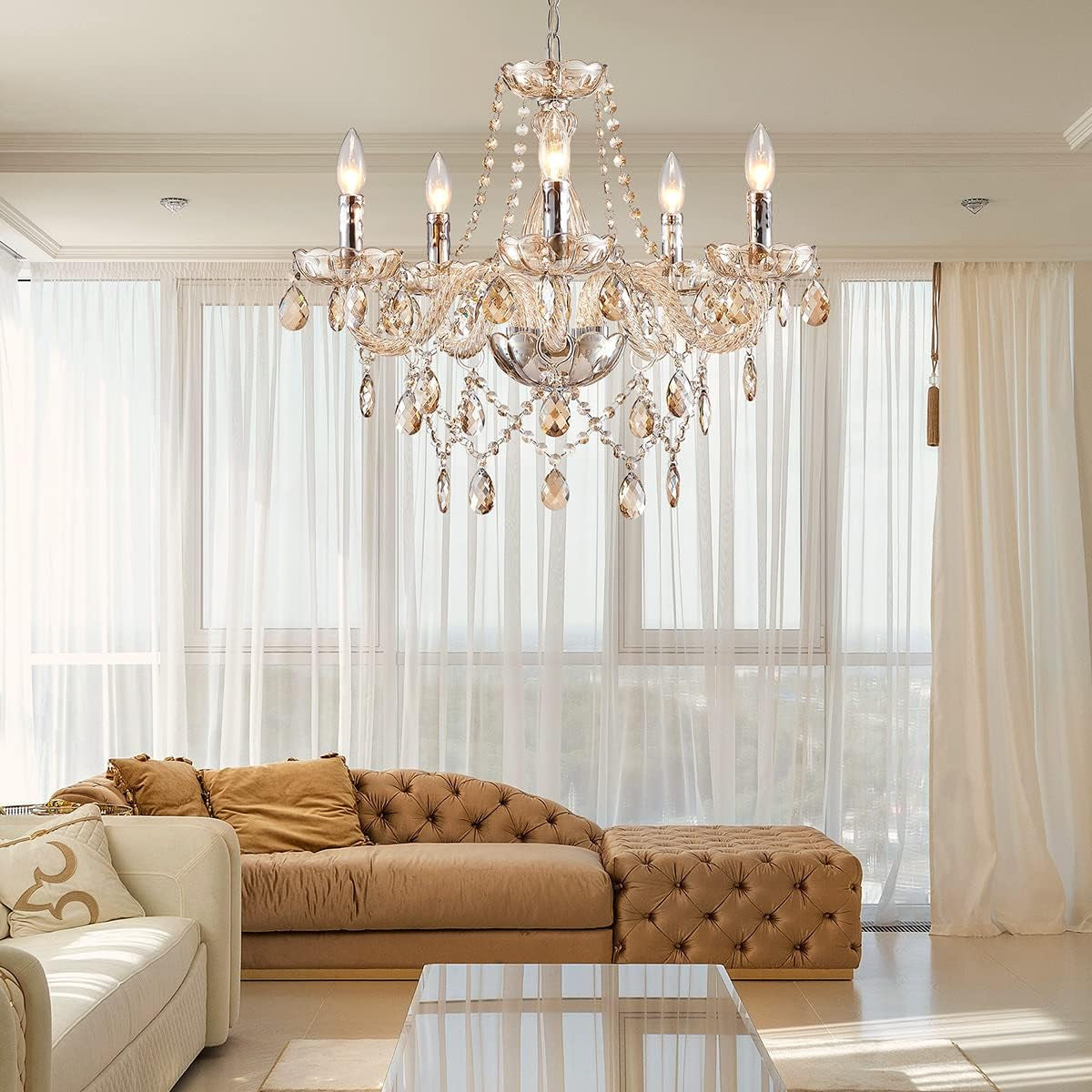 Champagne Crystal Chandelier 5 Light Modern Bedroom hanging in a bright room with white curtains and elegant furniture.