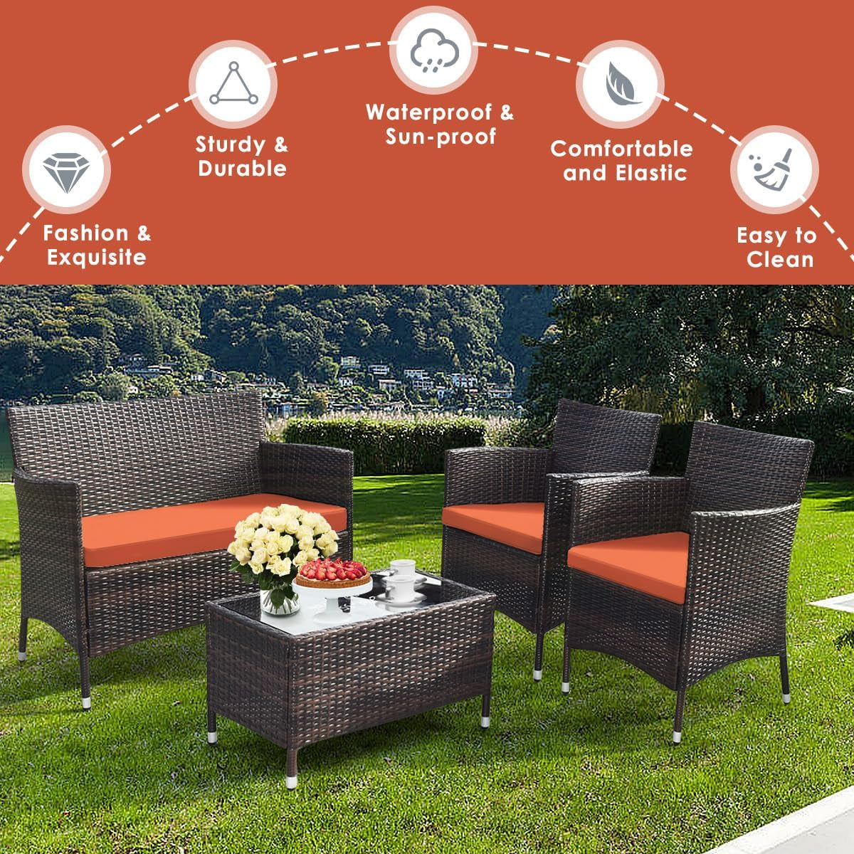Rattan Patio Set With Cushioned Chairs And Glass Table