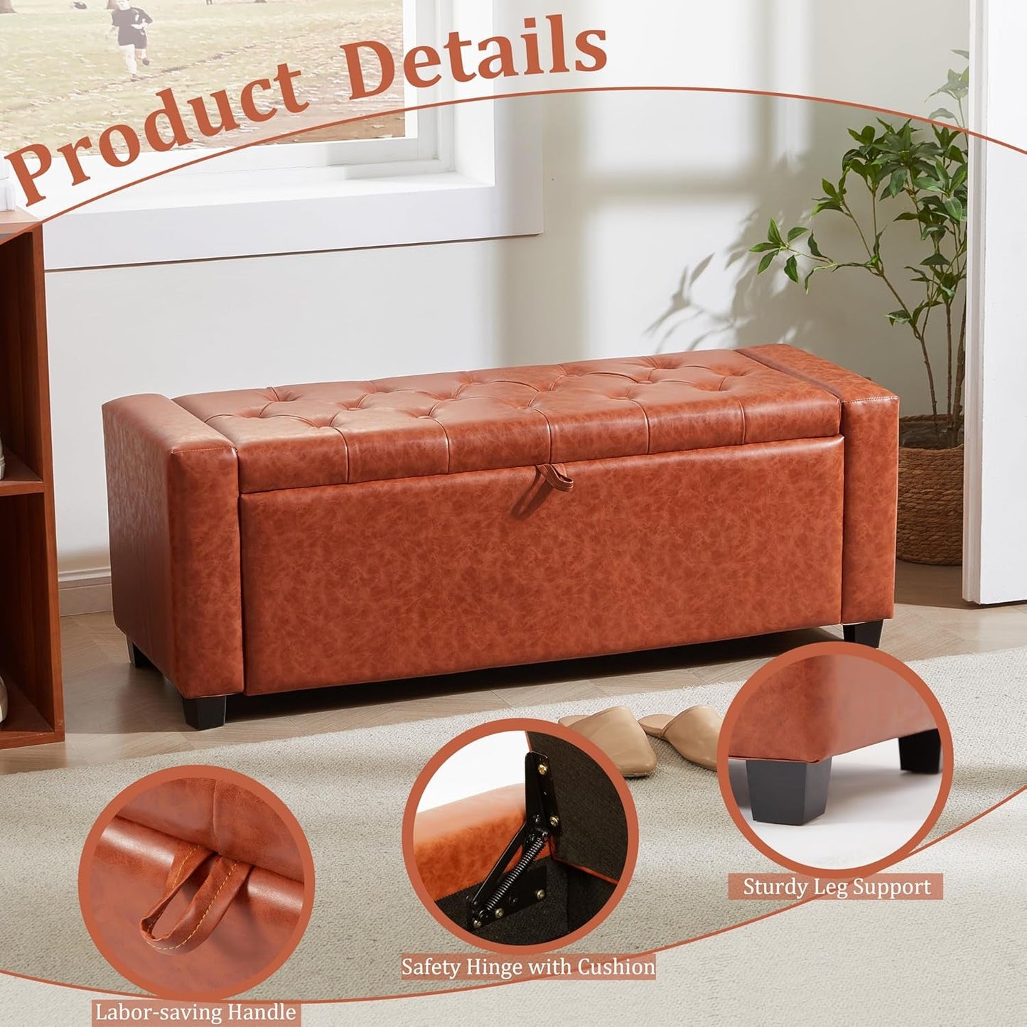 Storage Ottoman Tufted Leather Reddish Brown Bench