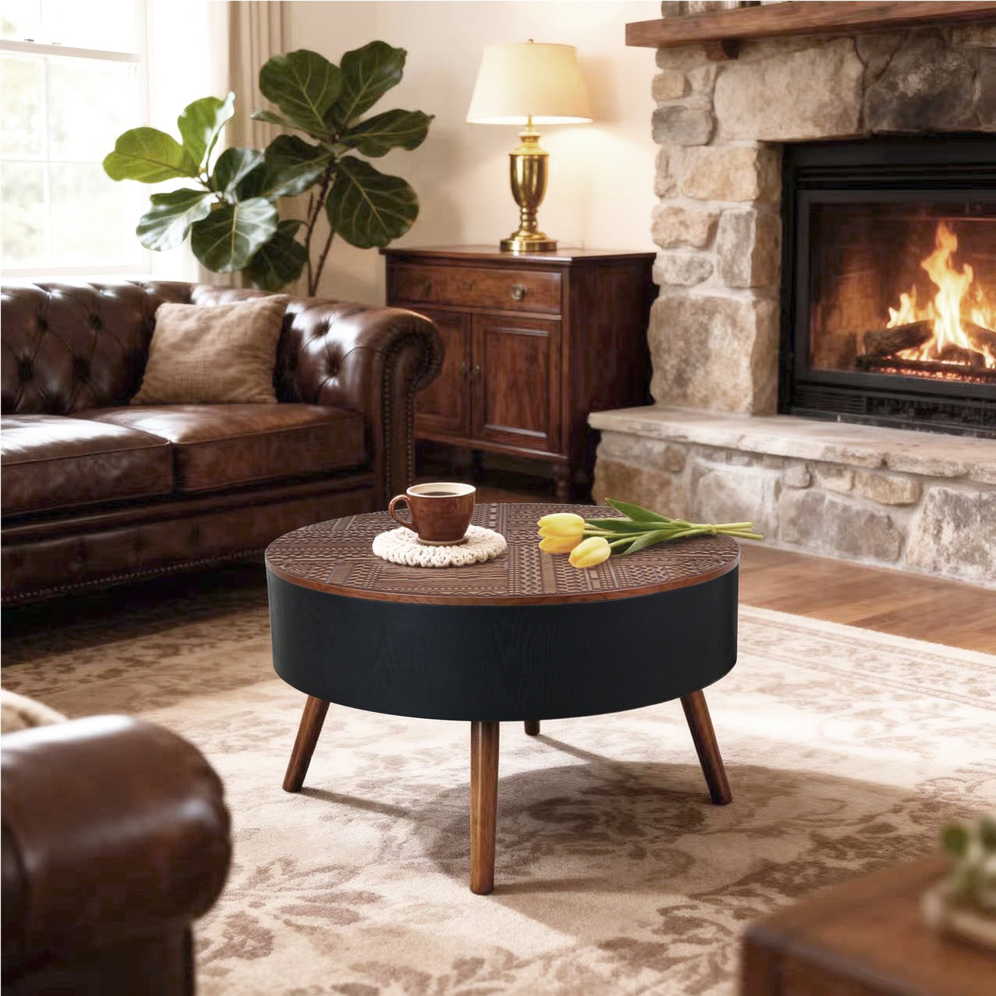 31.5" Round Carved Coffee Table with Storage Space