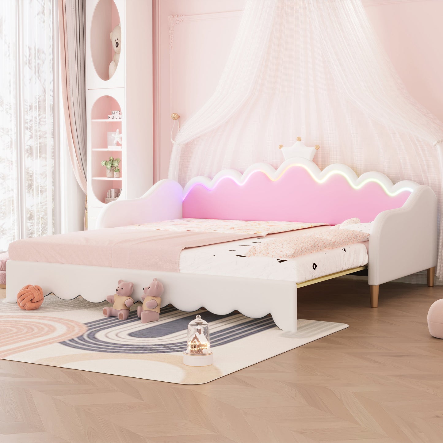 Twin Extending Daybed with LED Lights, Modern Upholstered Princess Daybed
