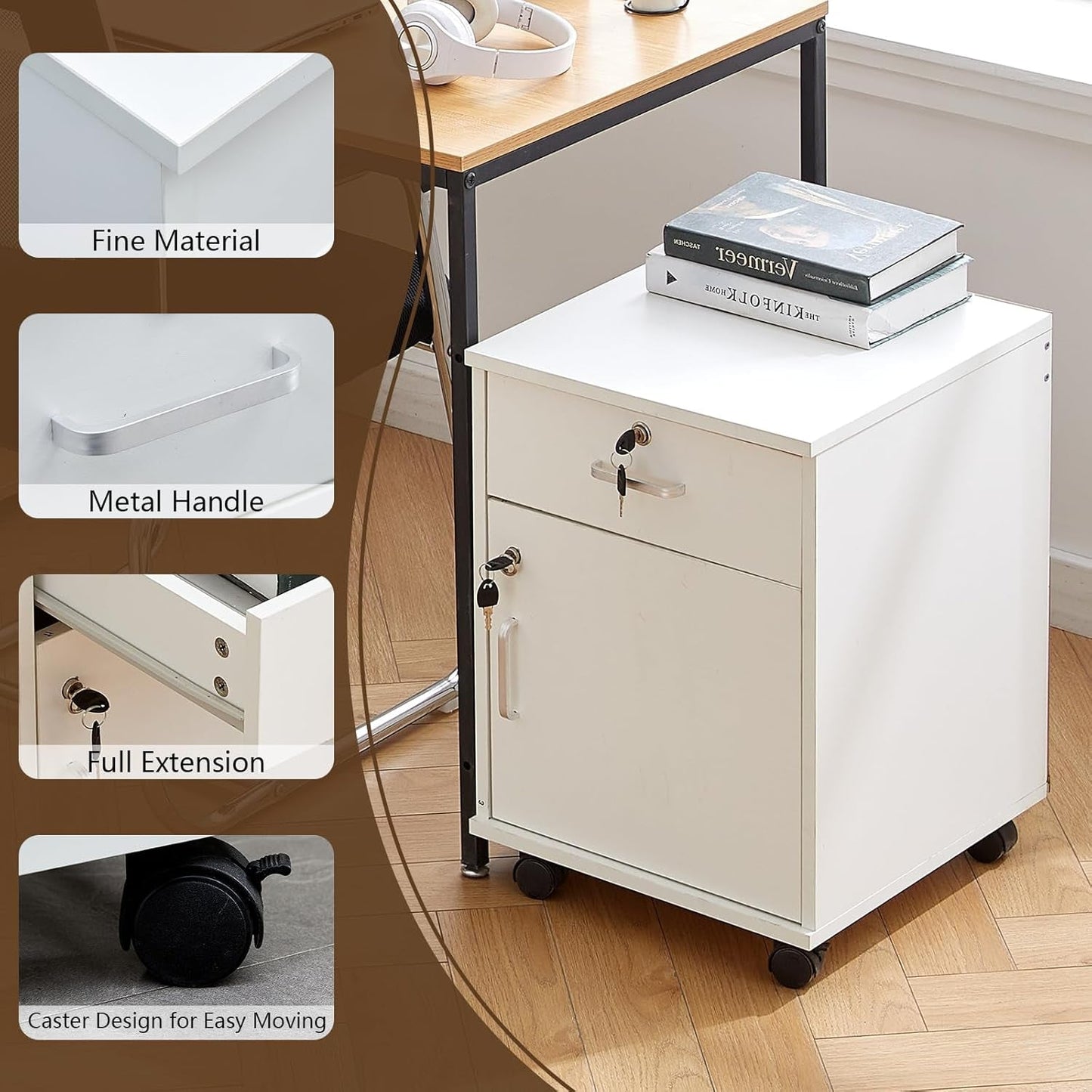 White Mobile File Cabinet With Lockable Drawer And Door