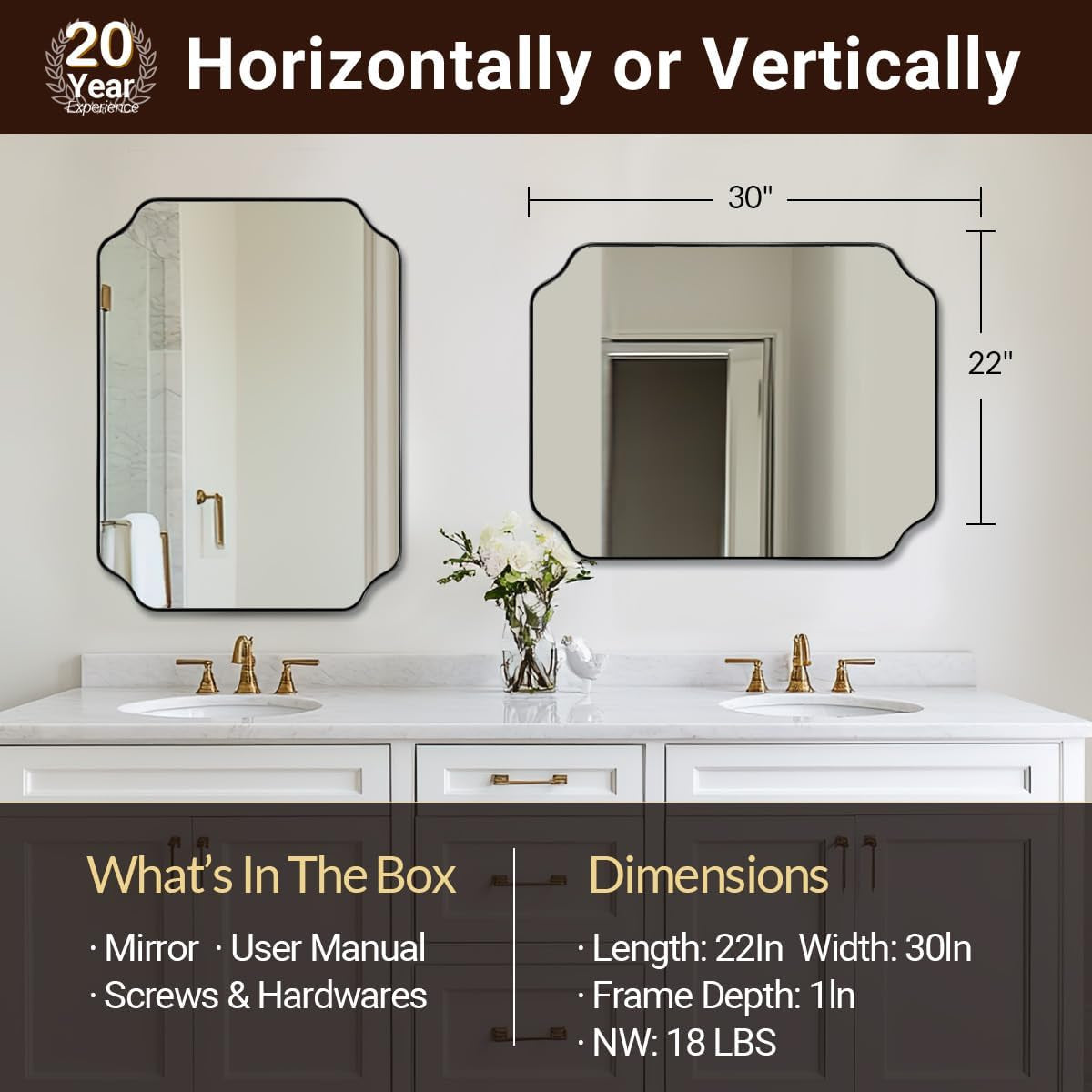 Black 22x30 Inch Scalloped Bathroom Mirror Stainless Frame