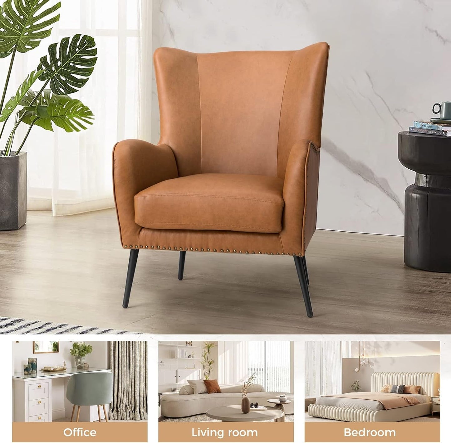 Faux Leather Wingback Chair With Black Nailhead Trim