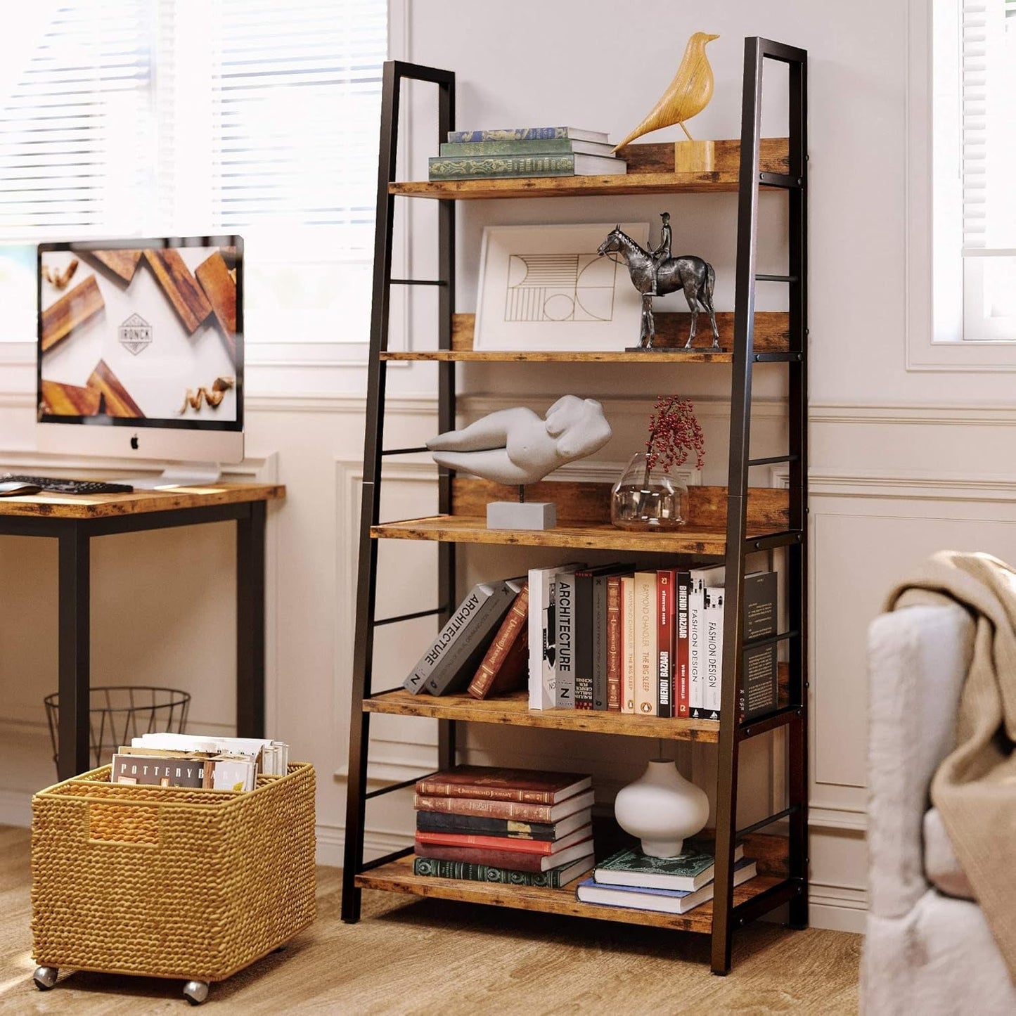 Industrial Ladder Shelf 5 Tier Bookshelf Rustic Brown