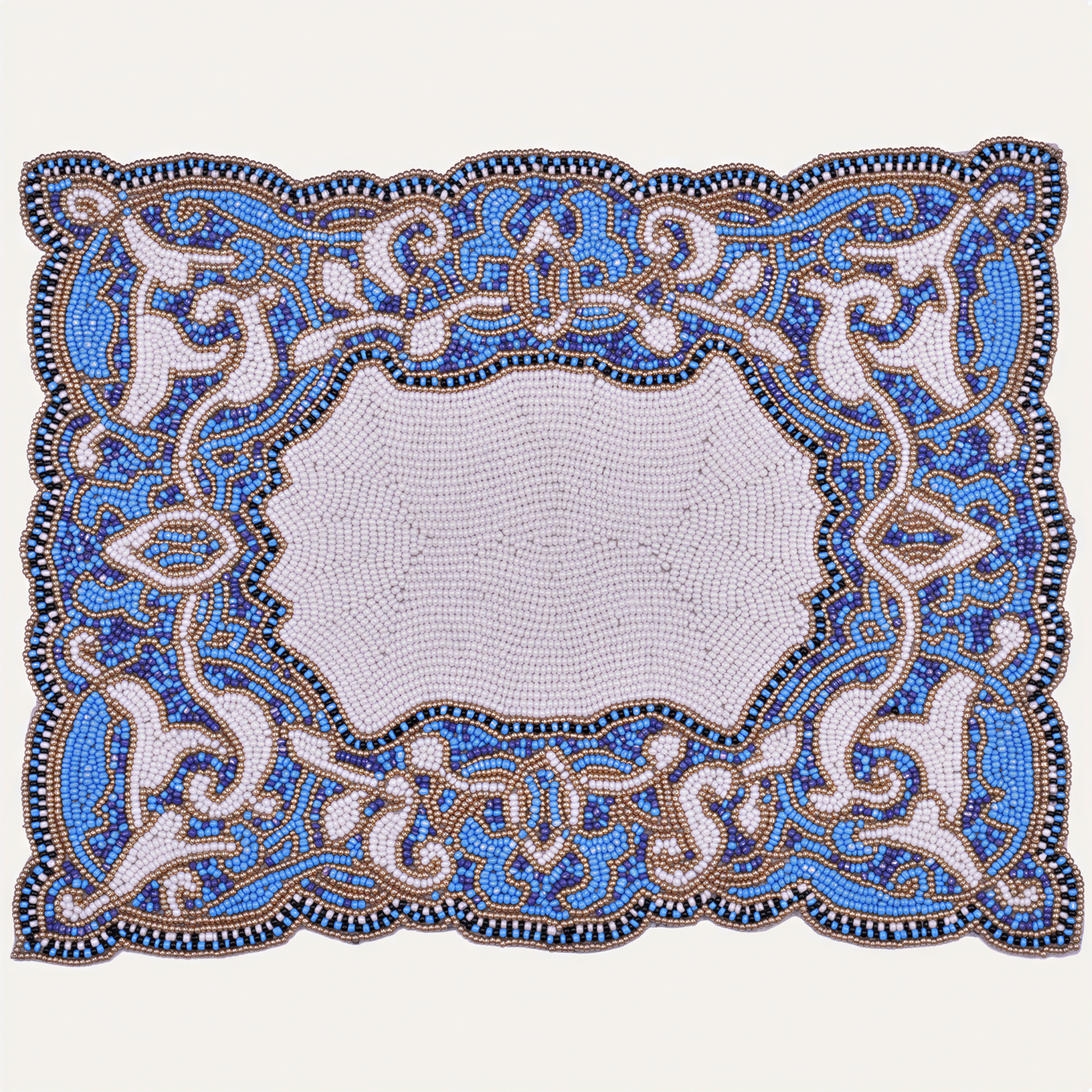 Beaded Placemats – Handmade Blue White Embroidered Dining Table Decor 12x16 Inch