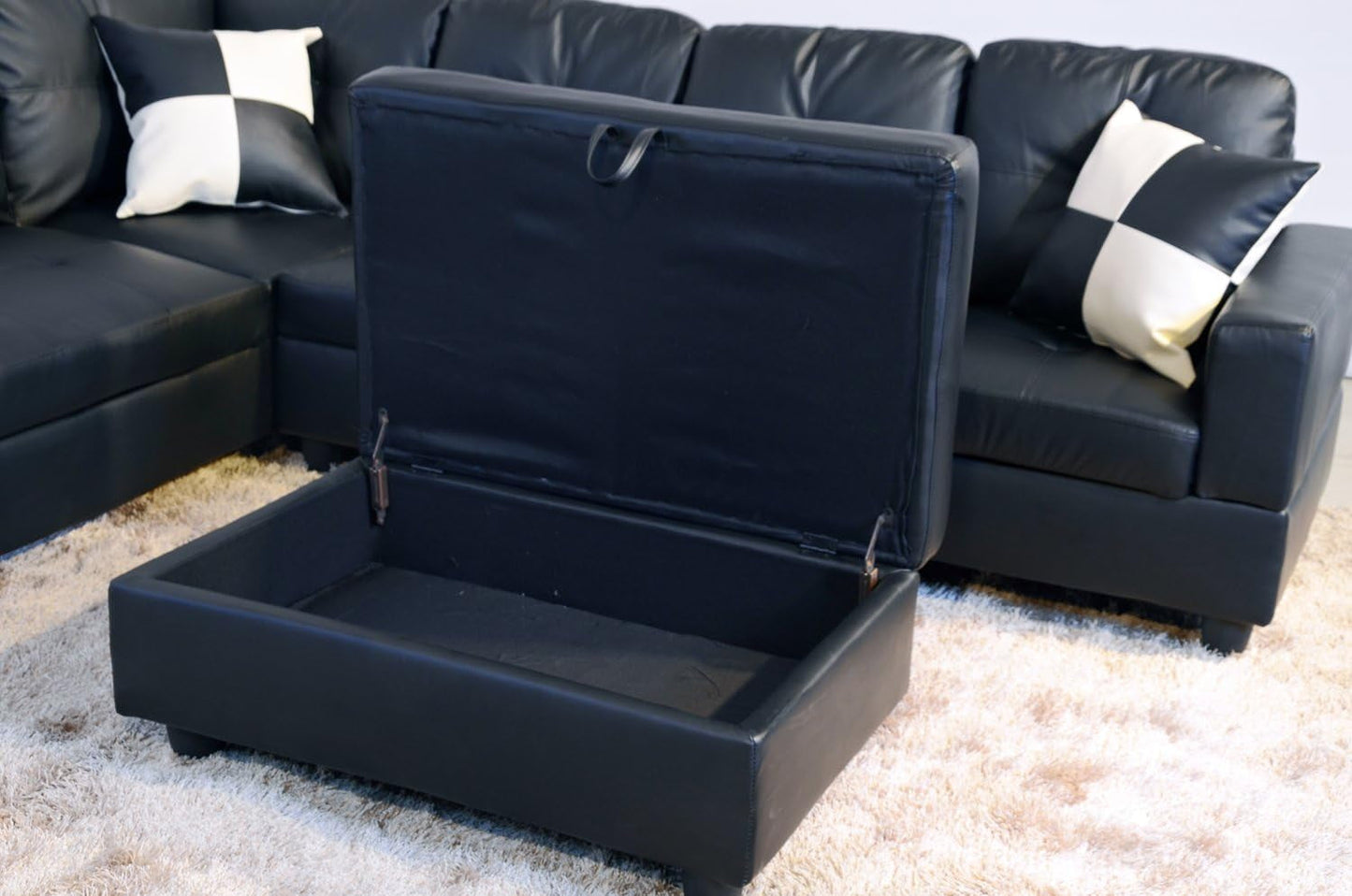 Black Faux Leather Sectional Sofa Set With Ottoman