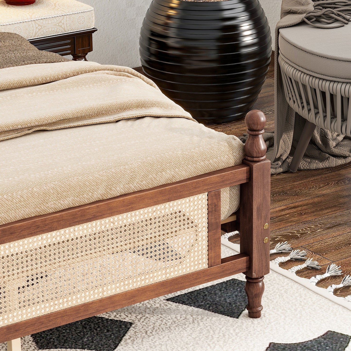 King Pine wooden Bed with Rattan Headboard  and Footboard, with  Central Enhanced Bed Platform,Walnut