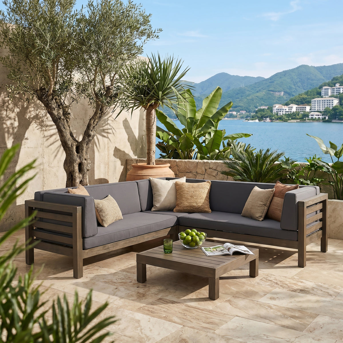 Oana Outdoor Wooden Sectional Set With Cushions