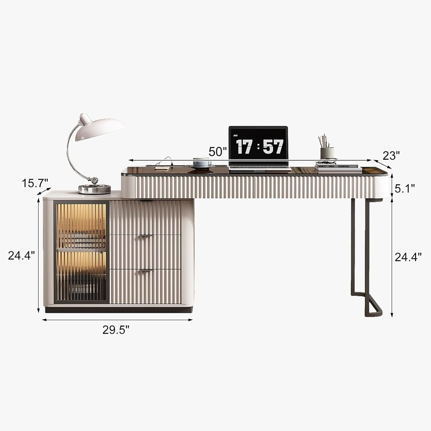 Ivory 50 Inch Office Computer Desk With Cabinet LED lights
