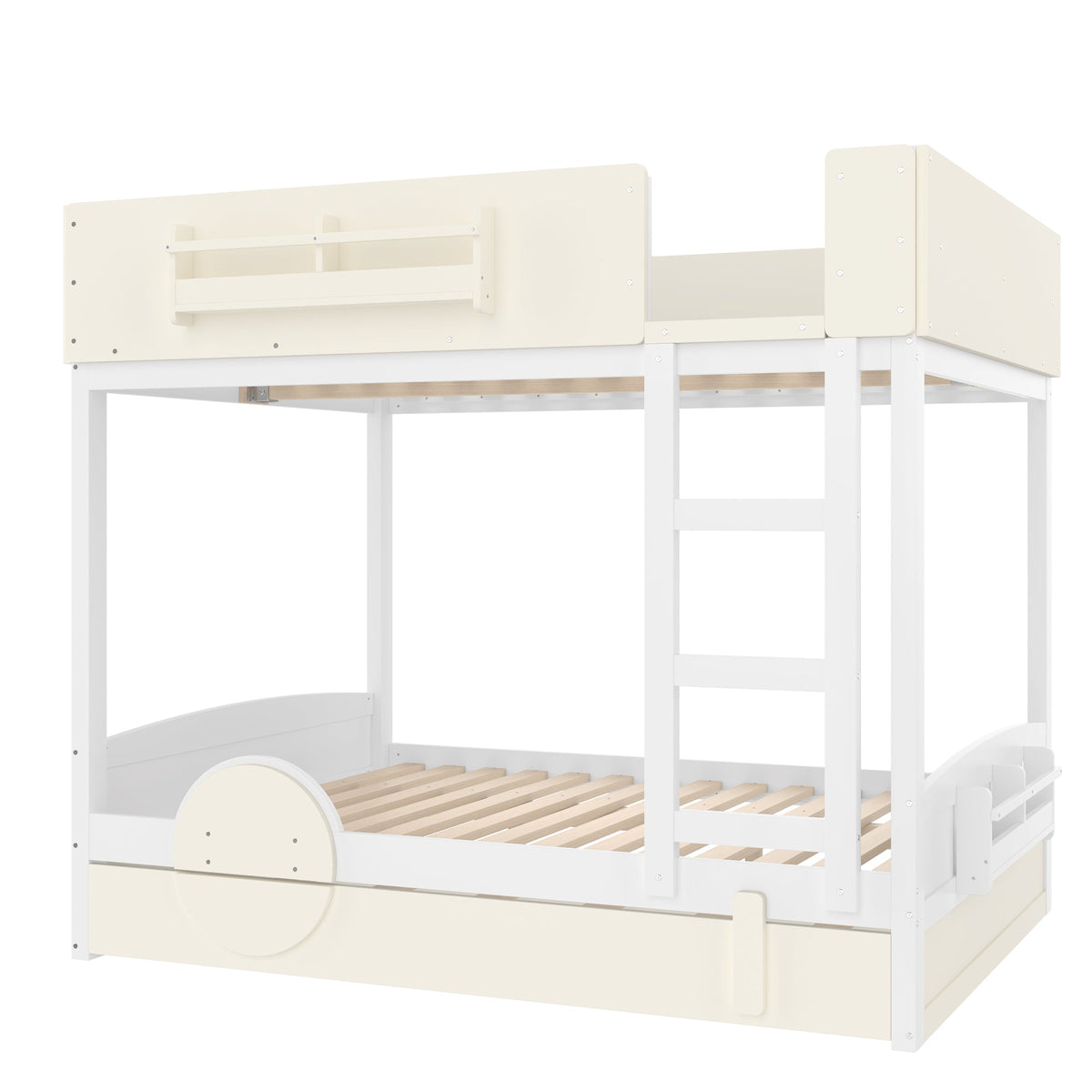 Full Bunk Bed with Trundle, White & Beige