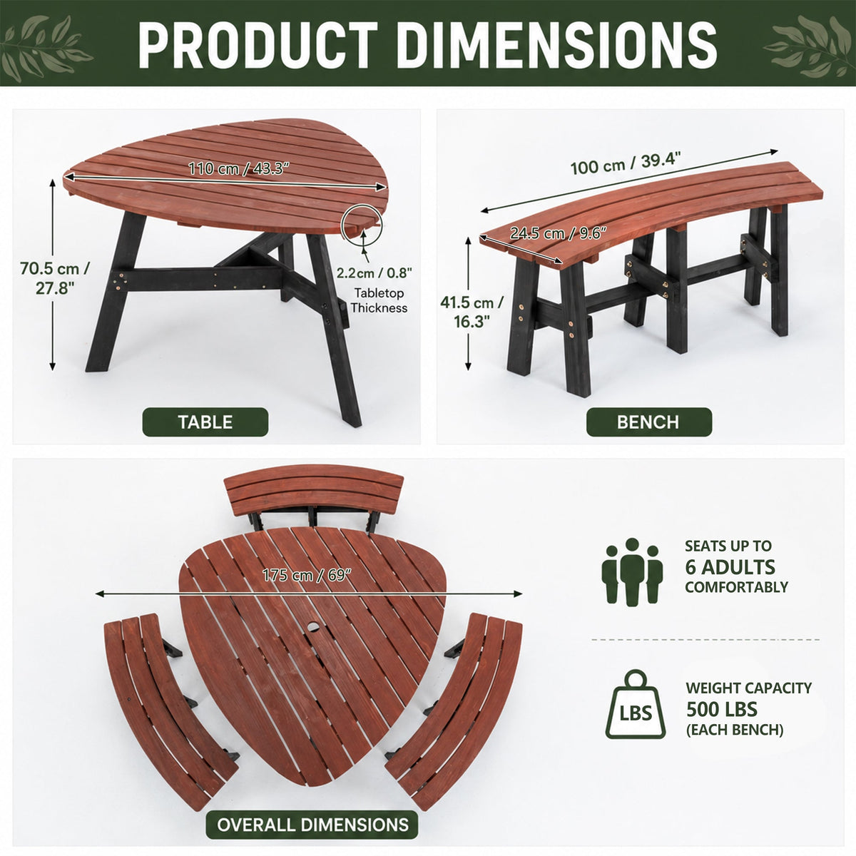 6-Person Semi-Circular Outdoor Solid Fir Wood Picnic Table Set