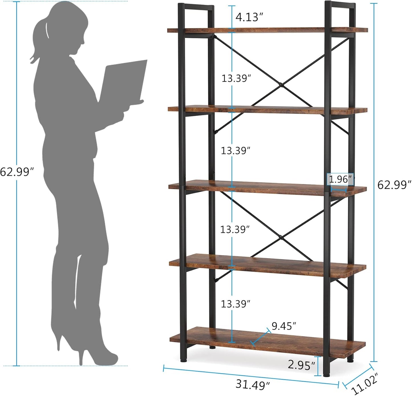 63" Tall 5-Tier Rustic Brown Industrial Bookshelf