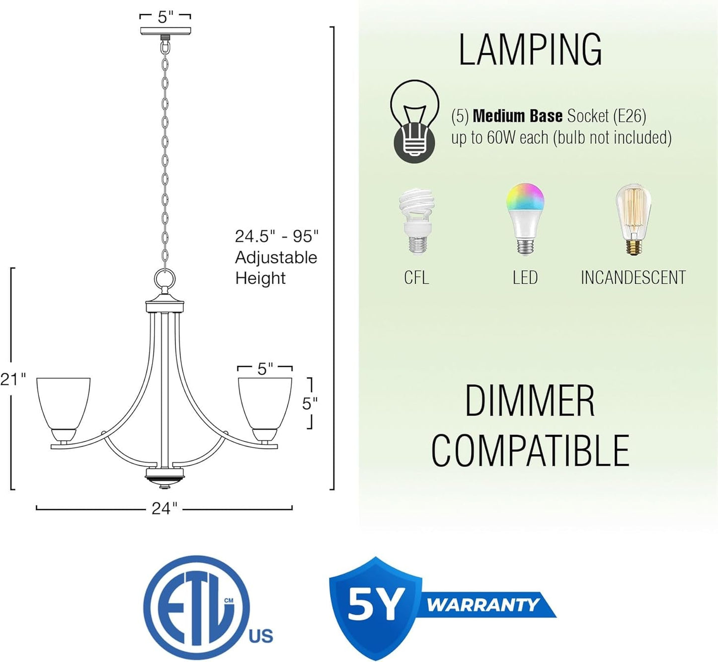 Contemporary 5-Light Large Chandelier