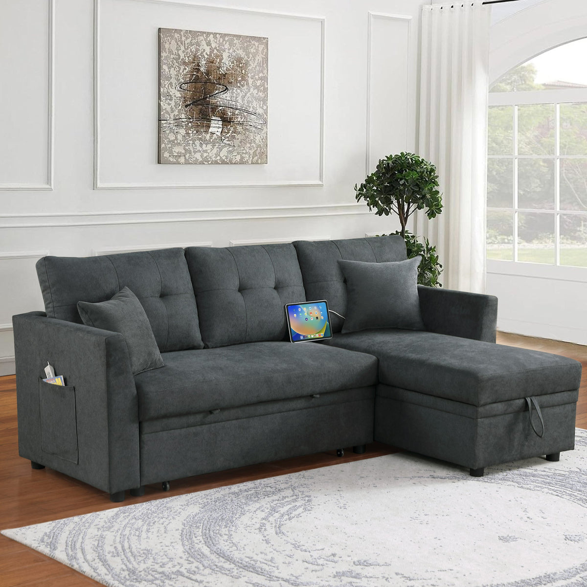 Reversible L-Shaped Sofa Bed with USB Port