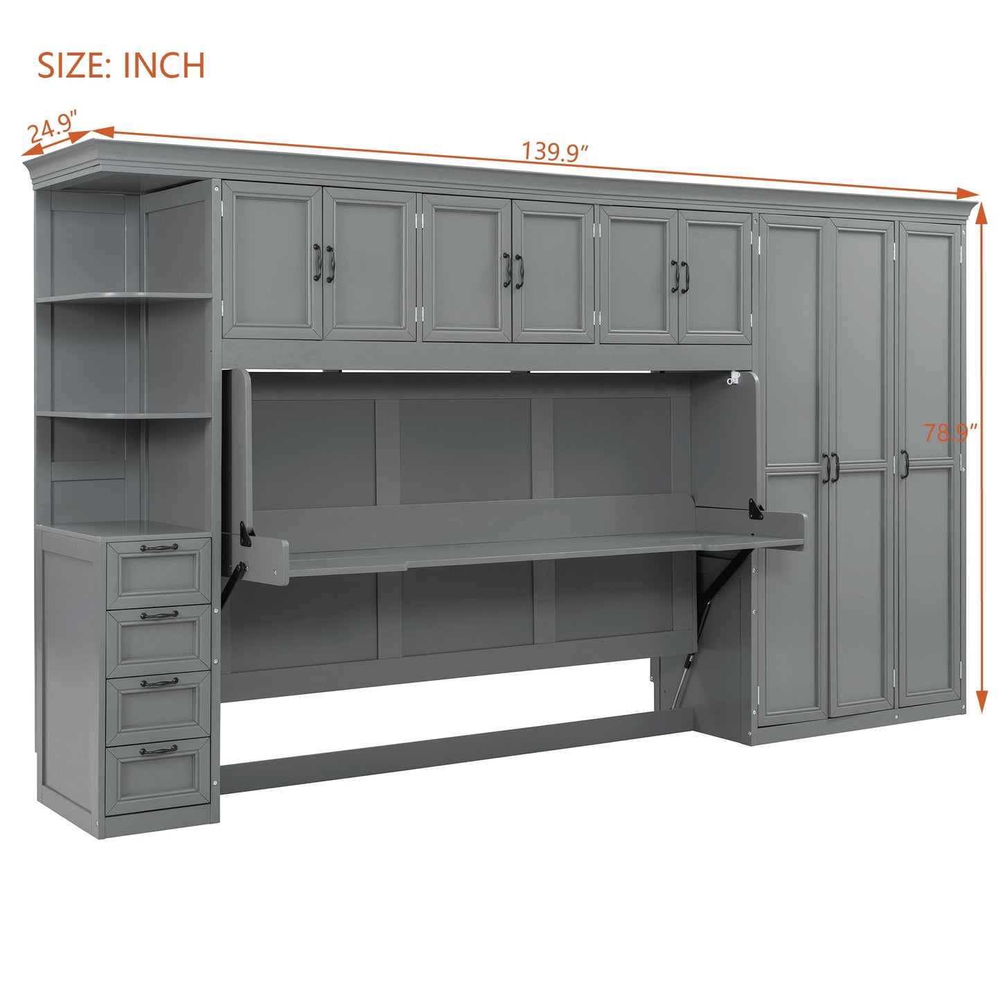 Twin Size Murphy Bed Wall Bed with Wardrobe, Cabinet and Desk, Gray