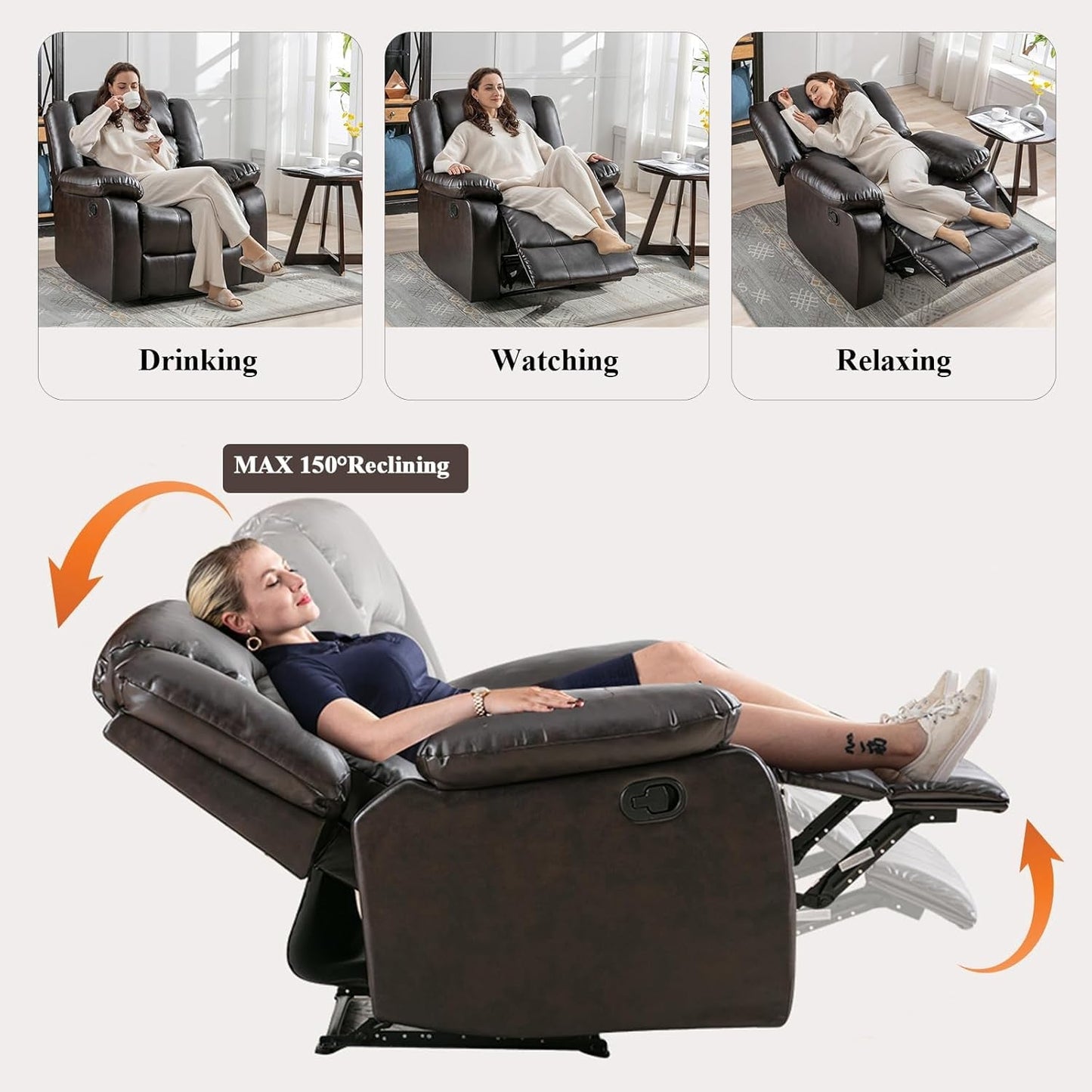 Manual Recliner Chair In Dark Brown Breathable Faux Leather