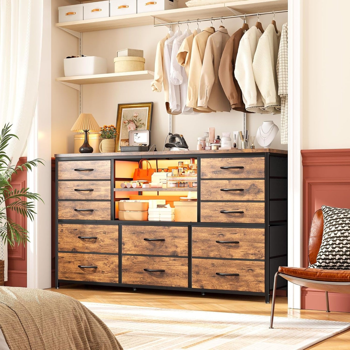 Dresser With LED Lights And Power Outlets 12 Fabric Drawers