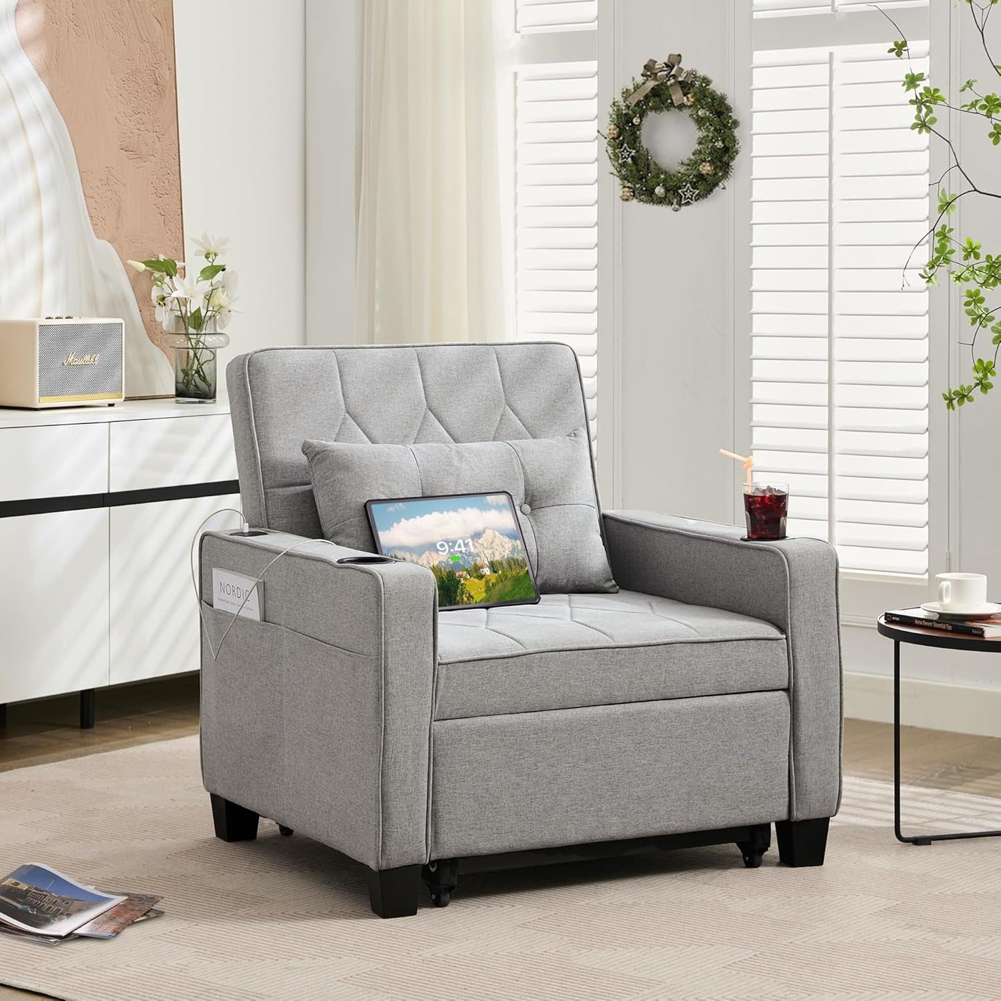Charcoal Grey Convertible Sleeper Chair With USB Ports