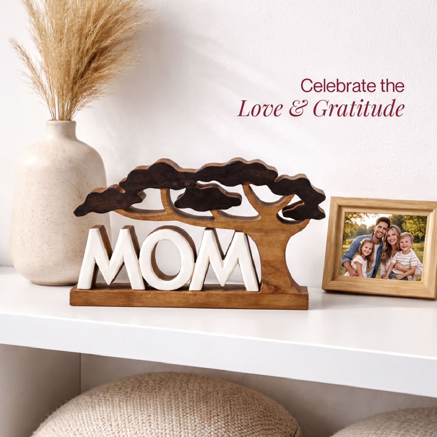 Wooden Mom Sculpture – Handmade Wooden Sign | Rustic Acacia Wood Plaque Gift