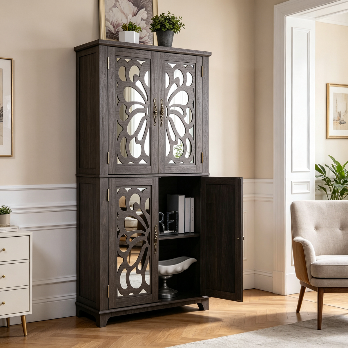 Display Sideboard Buffet with 4 Acrylic Mirrored Doors