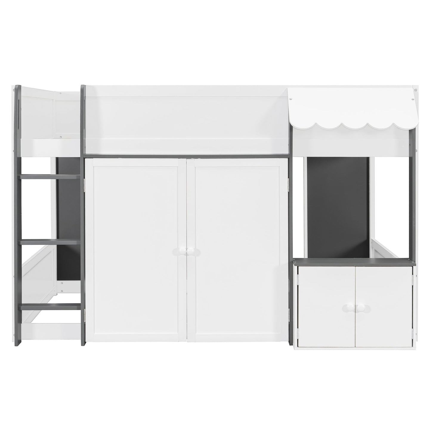 Full Loft House Bed with Playhouse & Storage, Modern Wood Cabin Bed for Kids/Teens, White+Gray