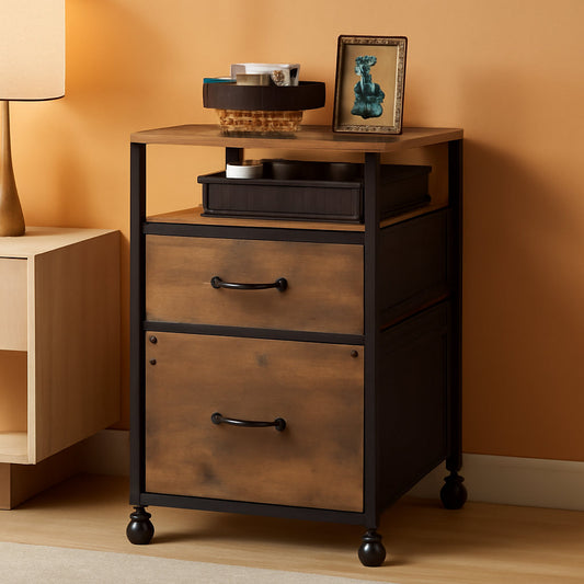 2 Drawer Mobile File Cabinet With Open Shelf Rolling Printer Stand For A4 Or Letter Size Files Rustic Brown Wood Grain