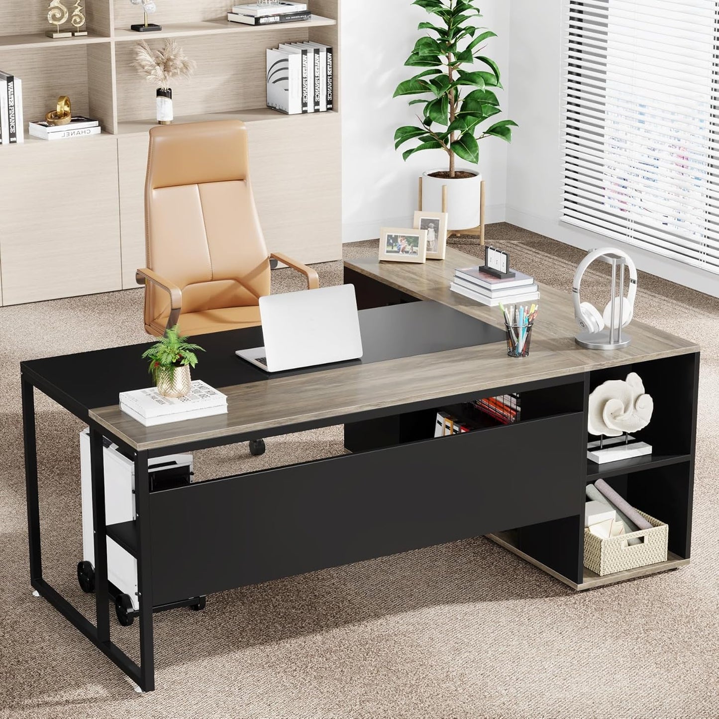 71 Inch Gray L Shaped Desk With Cabinet Storage For Home Office