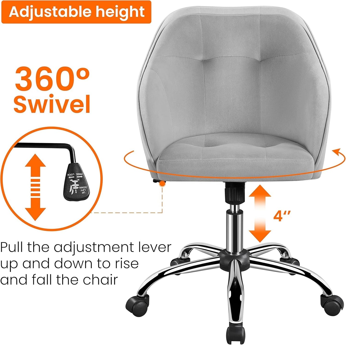 Light Gray Velvet Desk Chair With Adjustable Tilt Arm