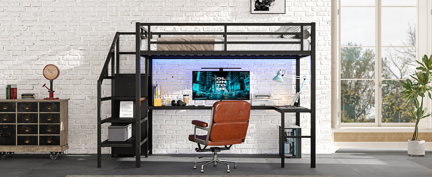 Full Size Loft Bed with L-shaped Desk and USB, Metal Loft Bed with Wardrobe and Adjustable Shelf, High Loft Bed with LED for Kids Teens Adults, Black