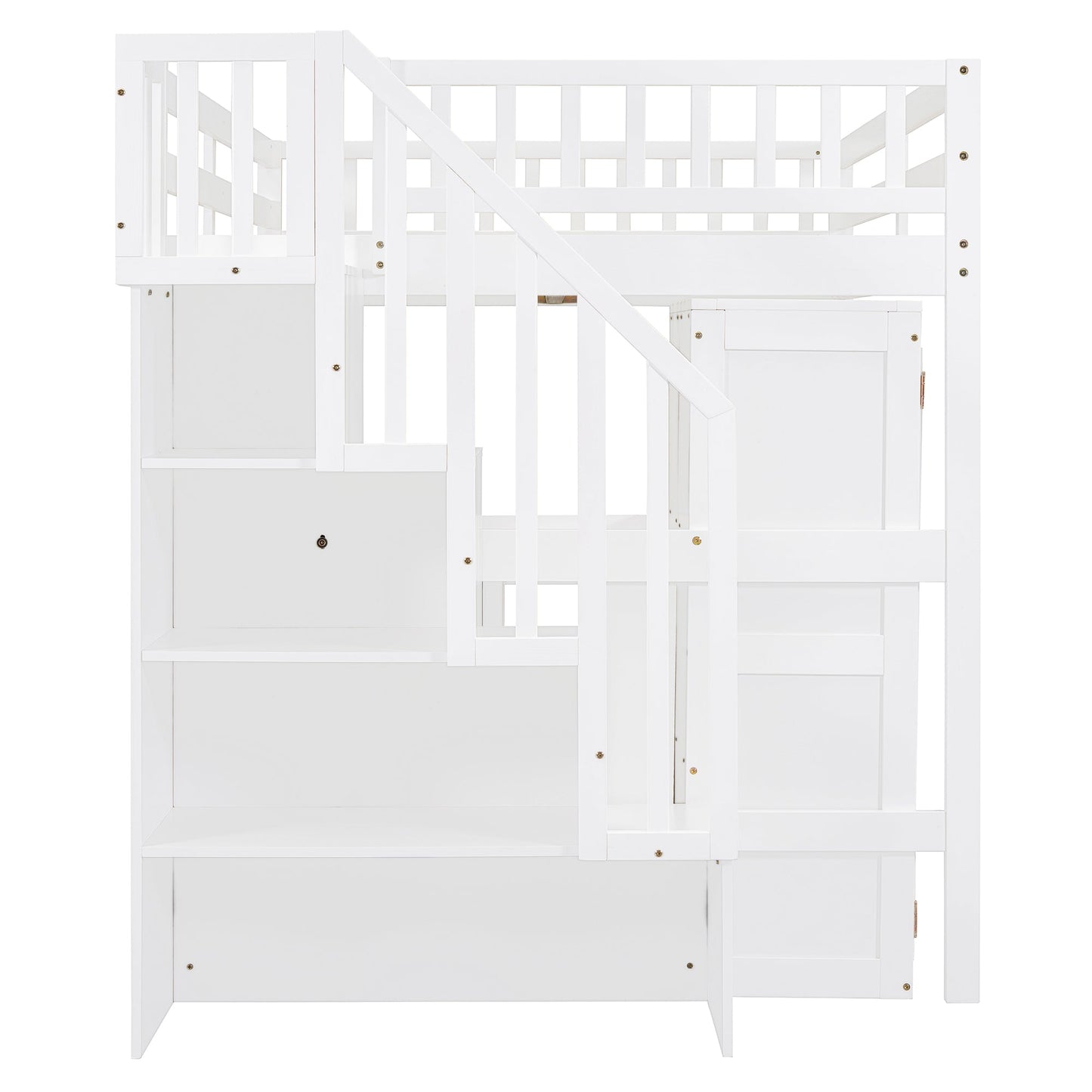 Full Size Loft Bed with Stairs, Bookshelf, Drawers, Desk & Wardrobe – Space-Saving Multifunctional Furniture for Kids & Teens-White