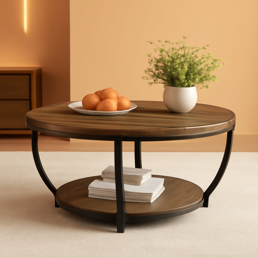 Round Coffee Table 31.7Inches Rustic Brown Storage