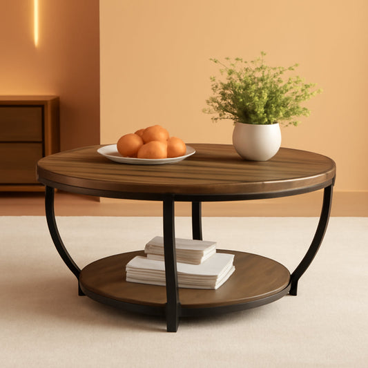 Round Coffee Table 31.7Inches Rustic Brown Storage