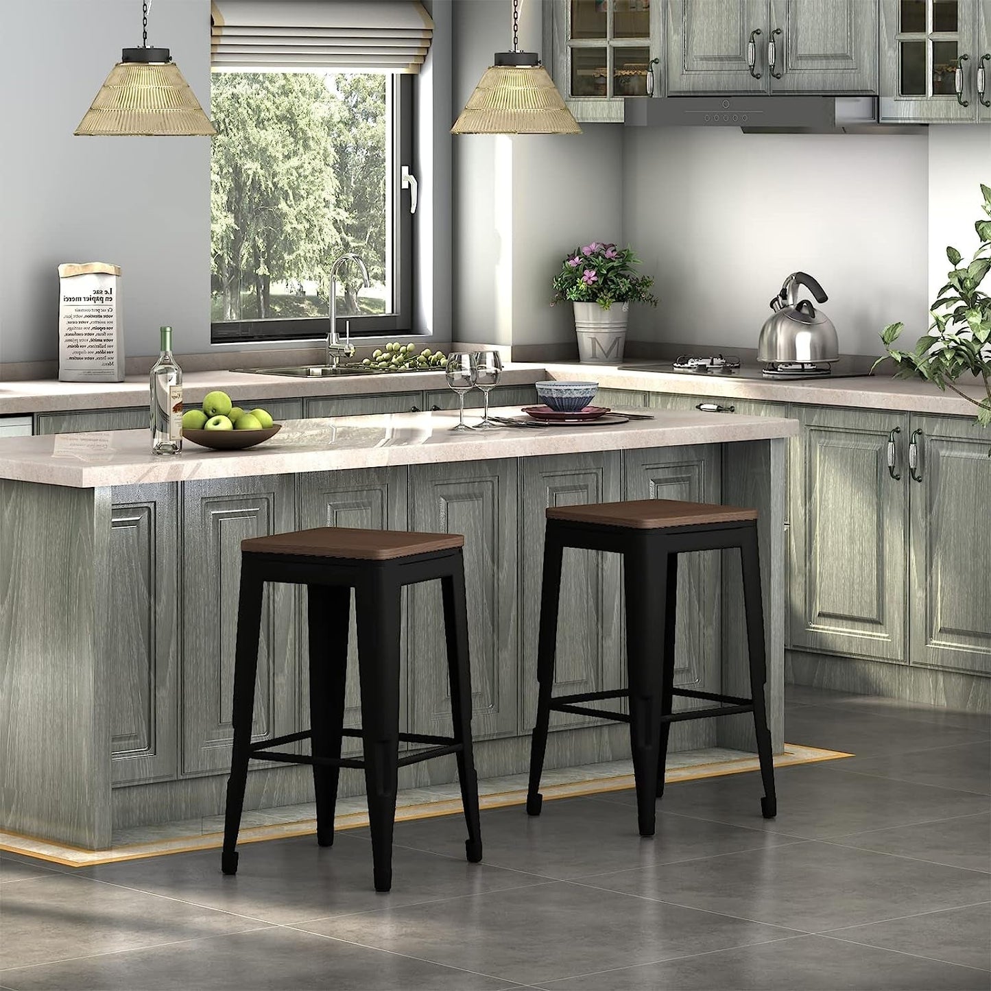 Square Metal Bar Stool Set Of 2 Stackable 330 Lb. Capacity in modern kitchen setting with stylish decor.