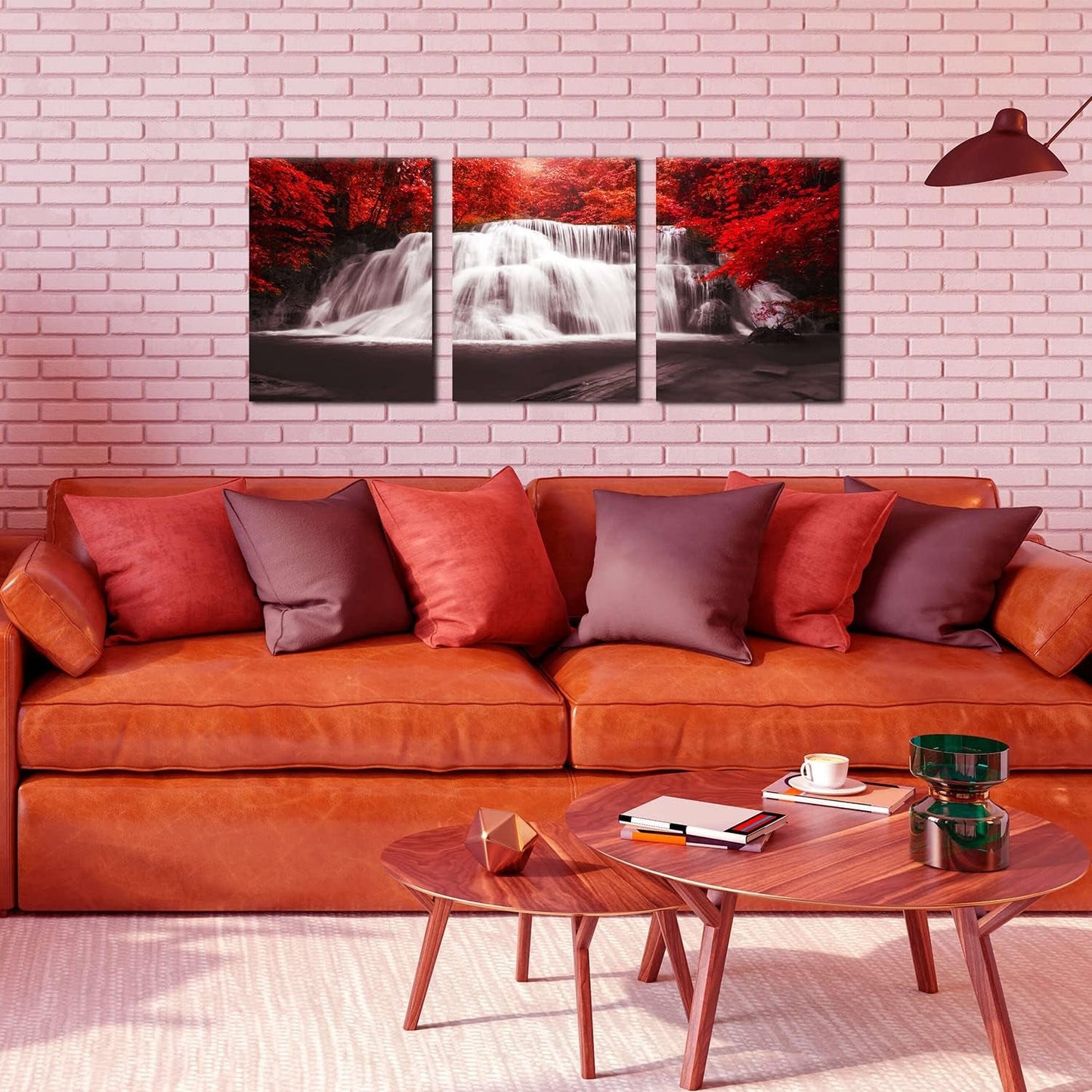 Stunning 3-Piece Canvas Wall Art - Black, White, and Red Waterfall Landscape with Red Trees, Perfect for Home or Office Décor (12x16 inches each)