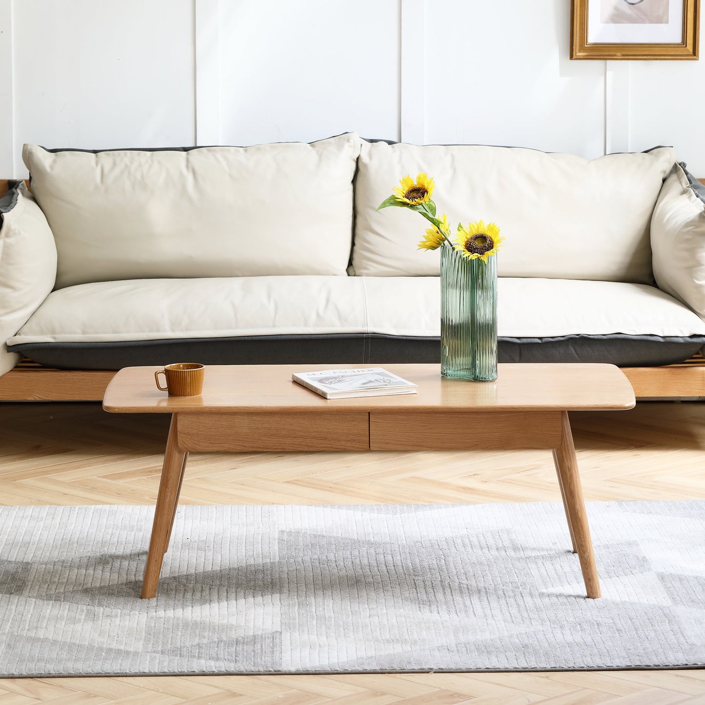 Center table Low Table 100% solid wood Top plate Desk Coffee table Width 120 x Depth 56 x Height 45 cm Study desk Work from home Easy to assemble Natural wood with storage shelf Natural writing desk