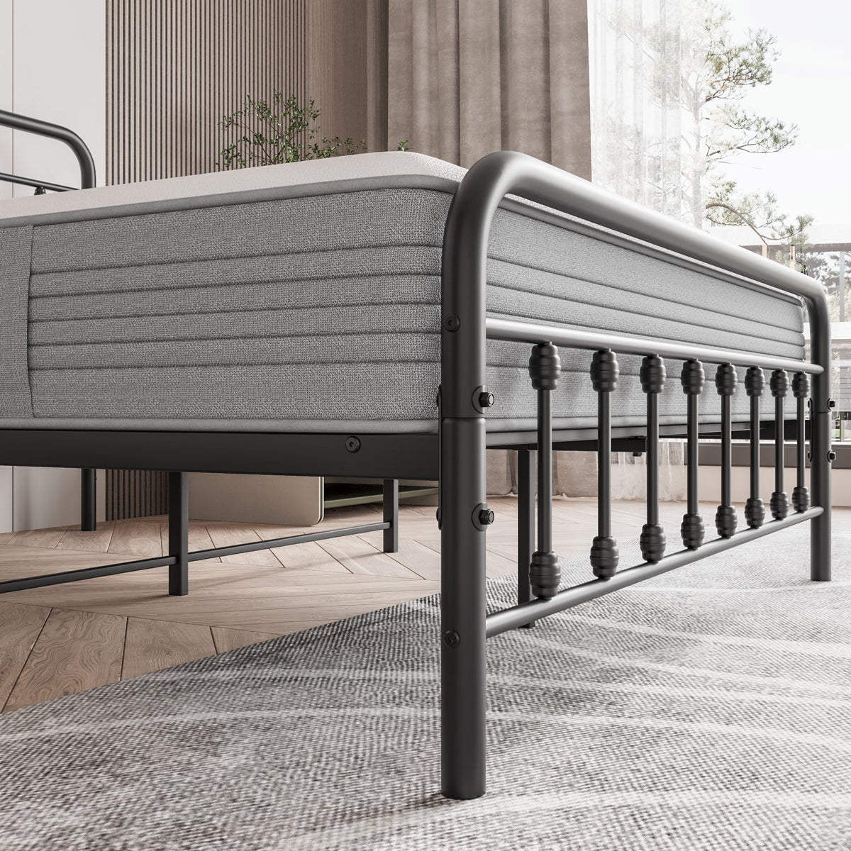 Metal Platform Bed Frame with Victorian Style Headboard
