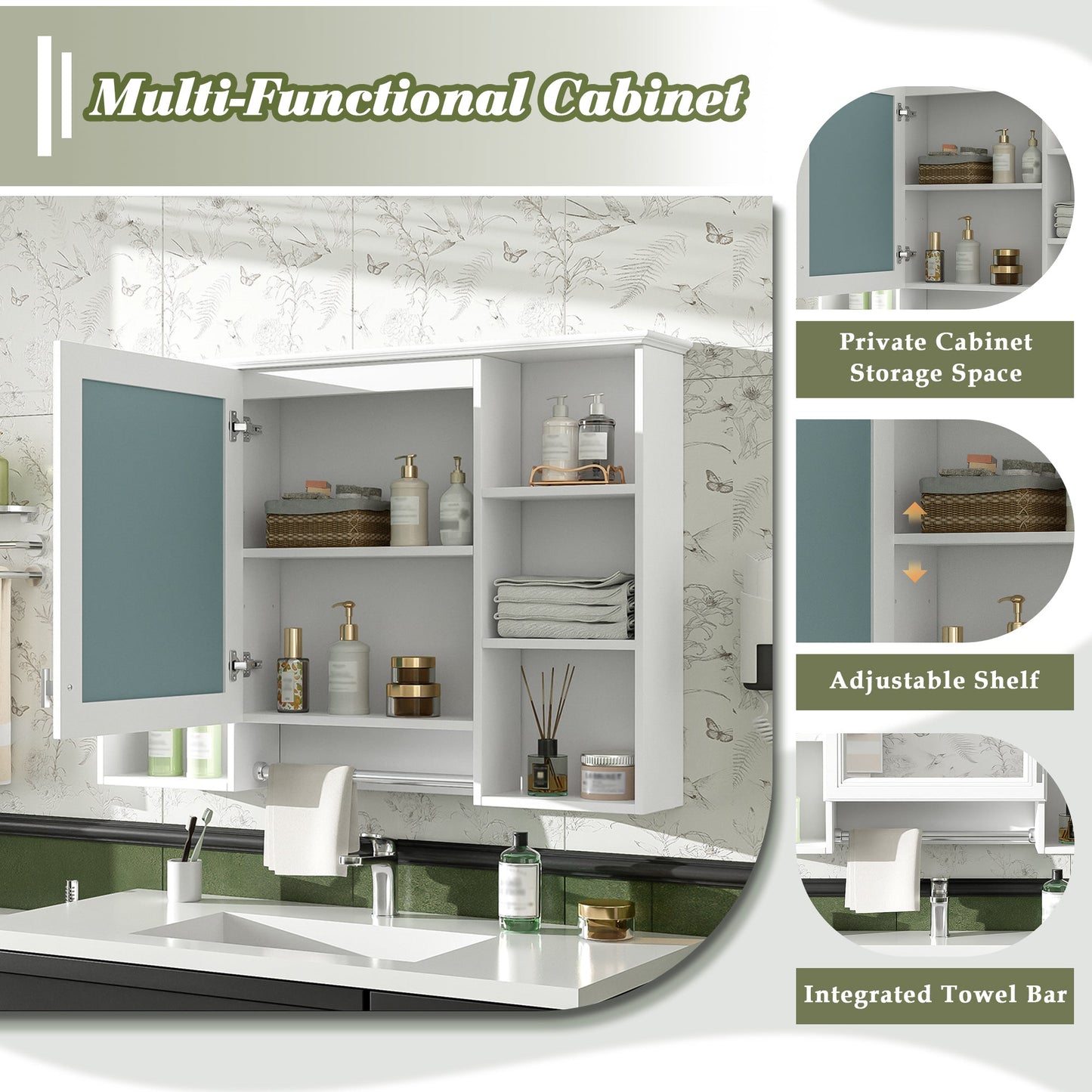 3-in-1 Bathroom Mirror Cabinet - 41-inch Wall Mounted