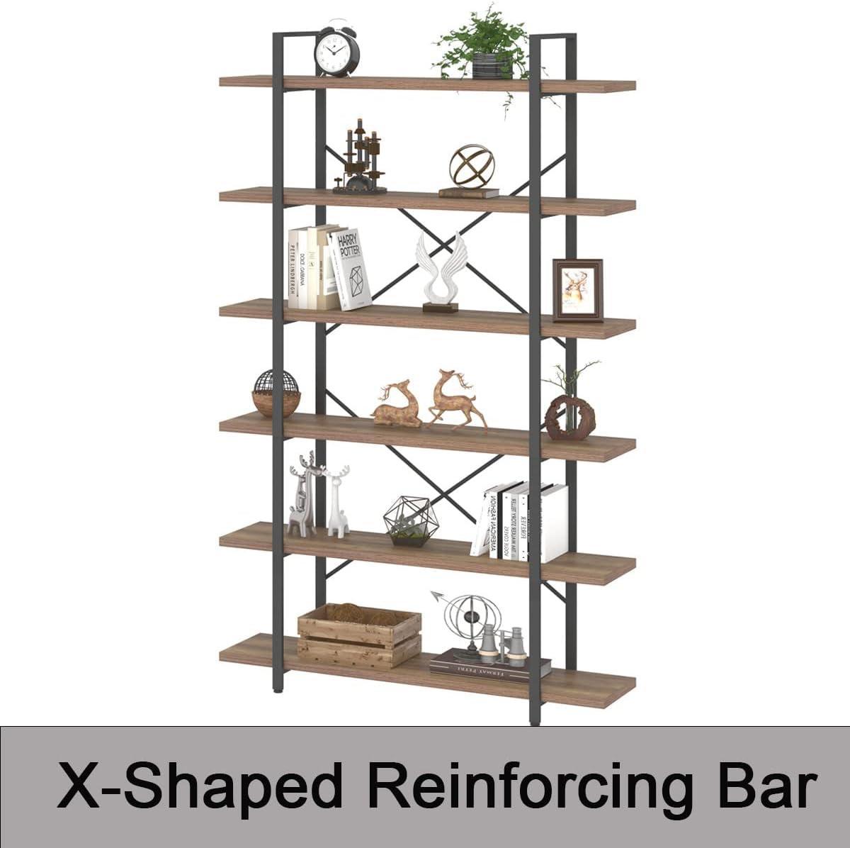 Rustic Oak 6 Tier Tall Bookcase With Metal Frame Industrial