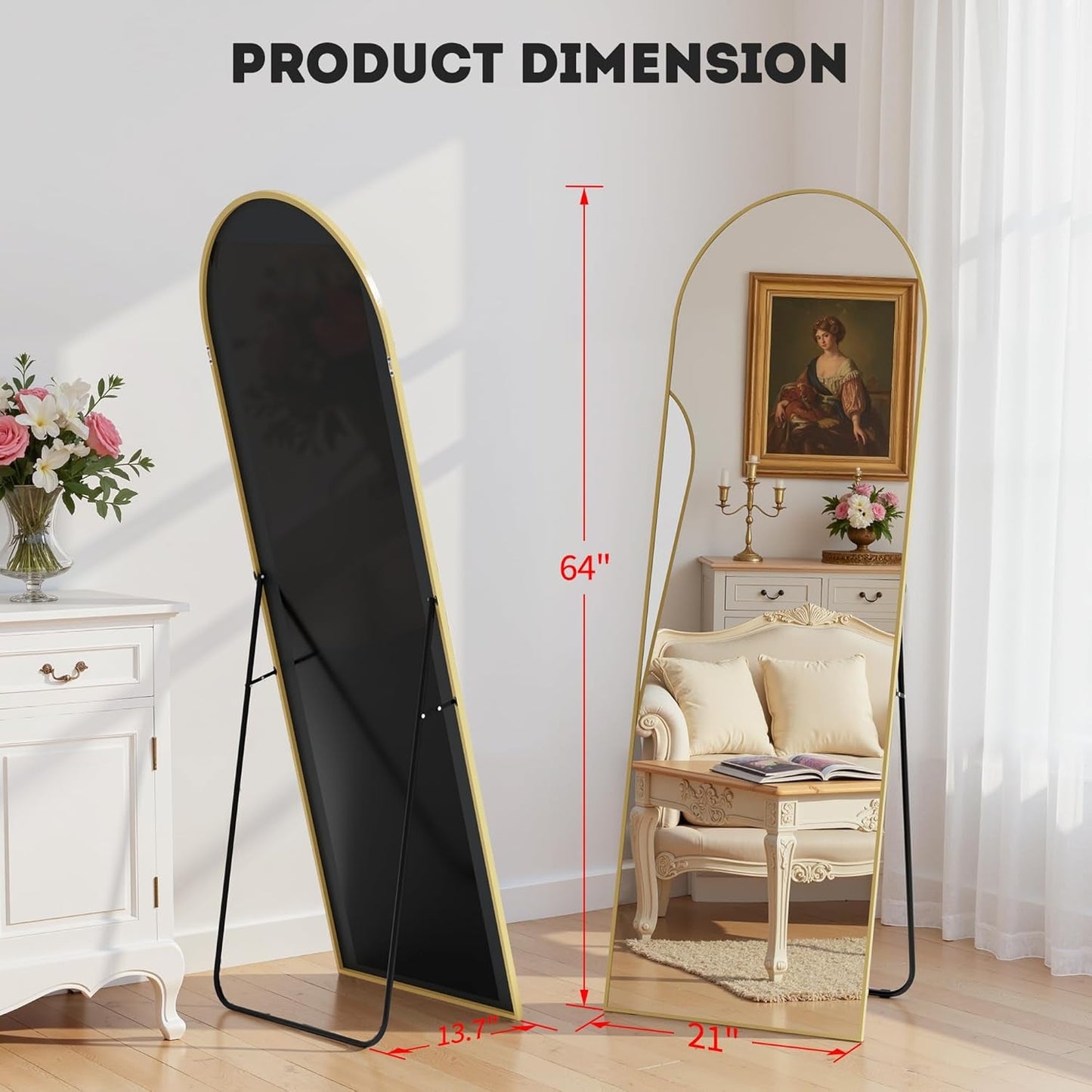Arched Full Length Mirror 64x21 In Gold For Wall Bedroom Living Room