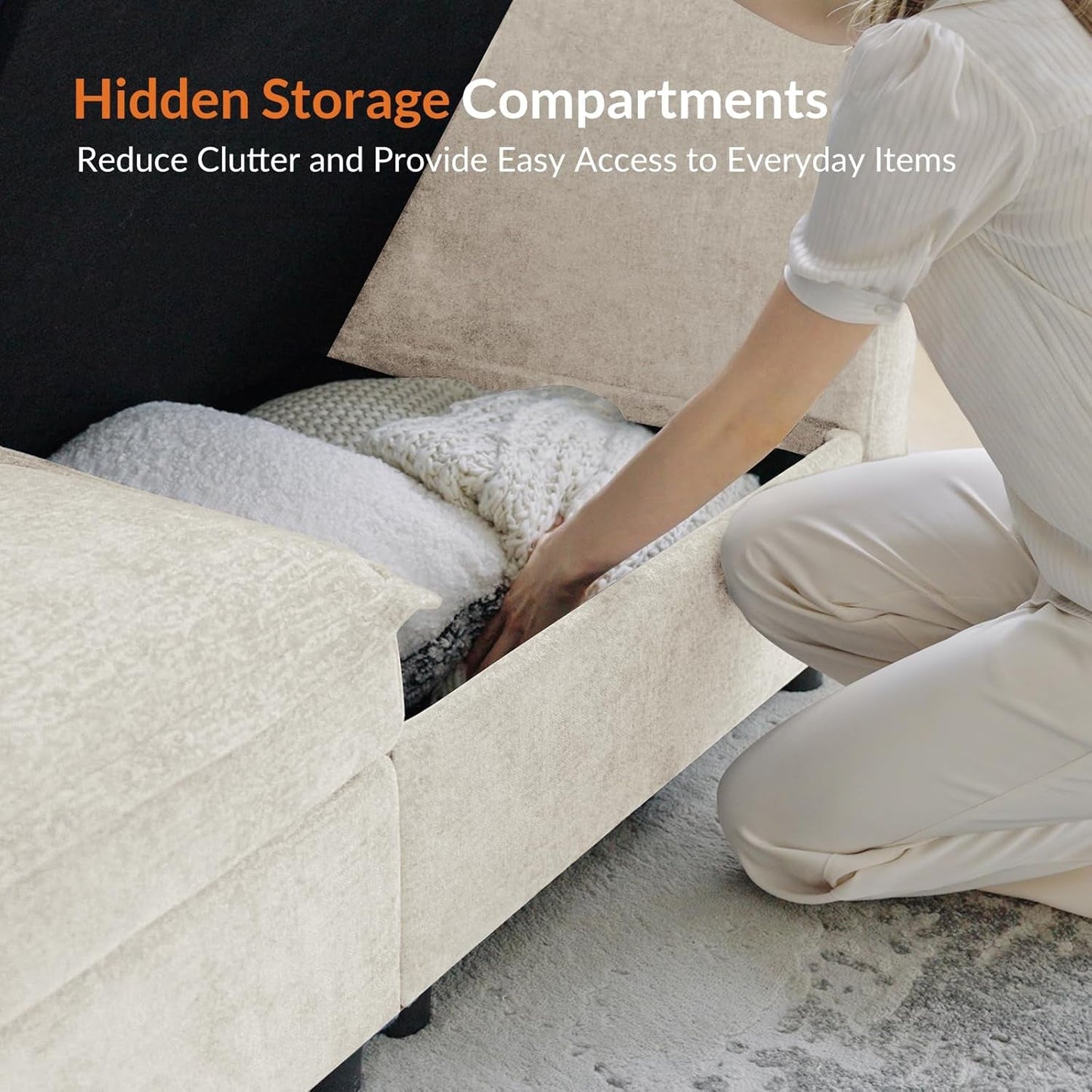 127 Inch Modular Sectional Sofa Beige with Storage Ottoman