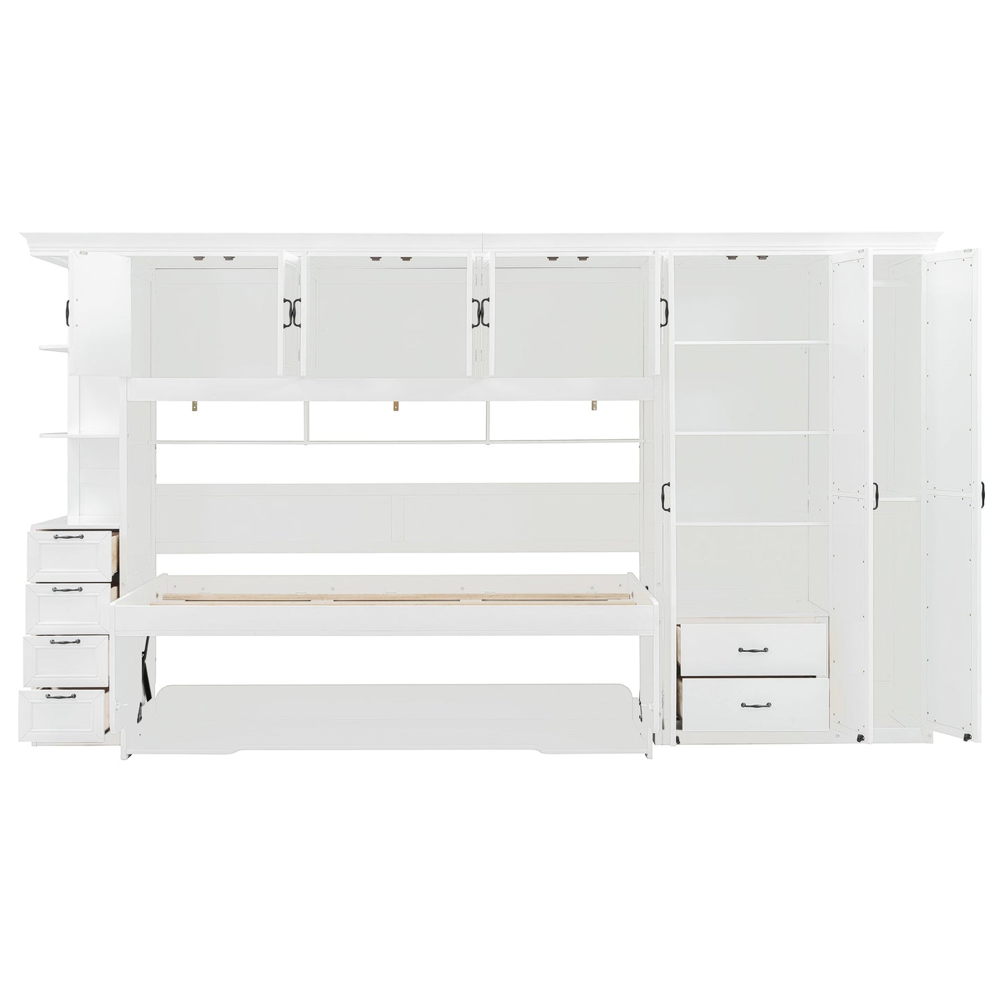 Twin Size Murphy Bed Wall Bed with Wardrobe, Cabinet and Desk, White