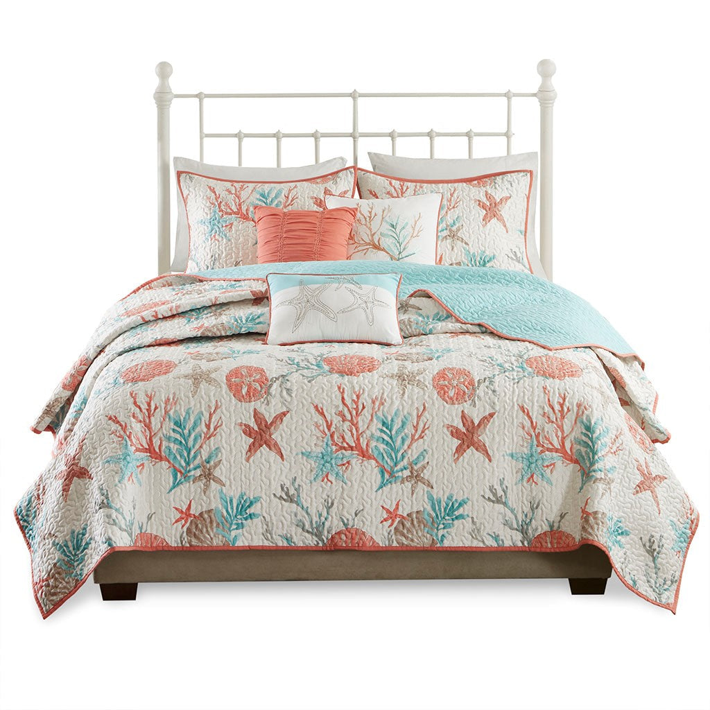 6 Piece Cotton Sateen Quilt Set with Throw Pillows - Coral Full/Queen